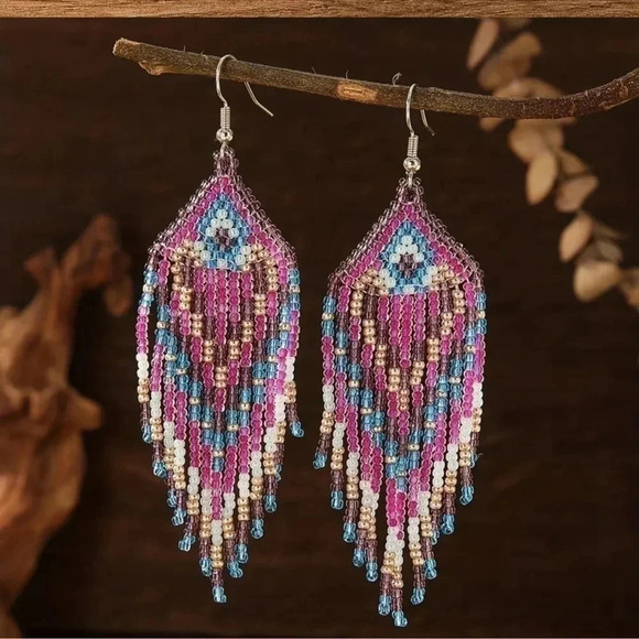 1 LEFT! Colorful Beaded Bohemian Tassel Earrings - Picture 1 of 4